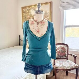 Y2K teal ribbed lace trim top Mix It size medium